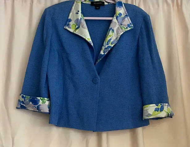 St. John Blue and Cream Blazer with Floral Trim