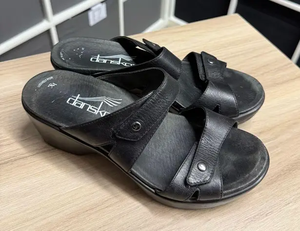 Dansko Jodi Metatarsal Black Leather Velcro Adjustable Sandals Mules Size 38