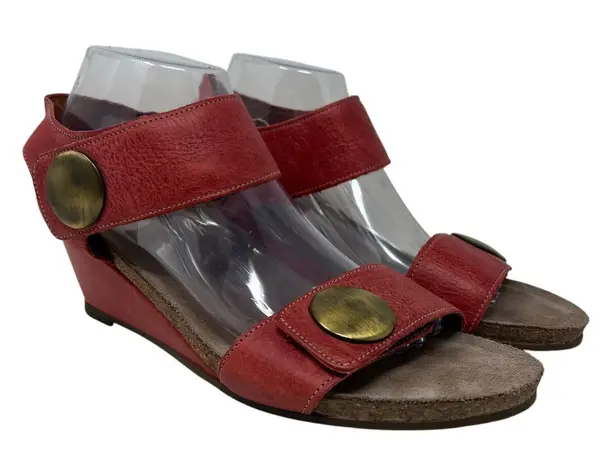 Taos Carousel Red Leather and Gold Wedge Comfort Sandals EU 41 Size 10