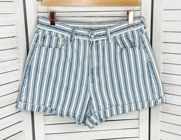 American Eagle  Outfitters Striped High Rise Mom Jean Shorts Blue White 10 Cuffed