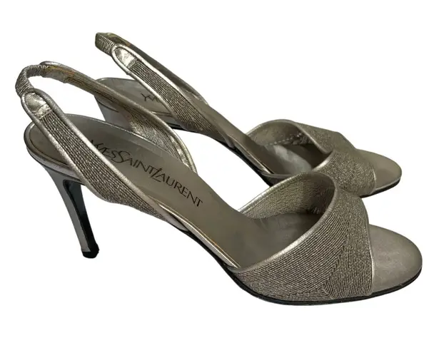 Yves Saint Laurent Gunmetal Gray Silver Sandal Slingback Size 8.5