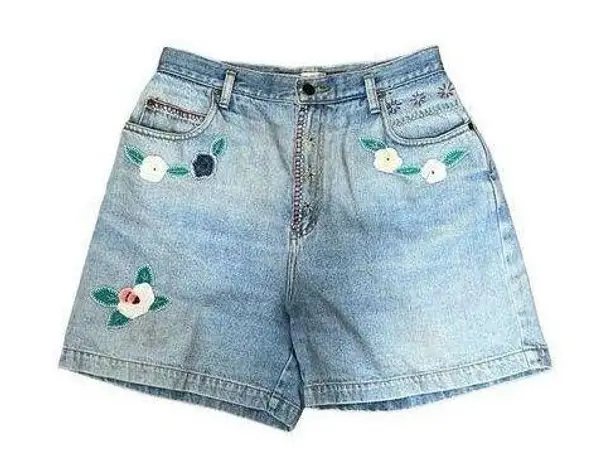 Vintage Embroidered Denim Shorts 90s AJ Brandon Size 13/14‎ Retro Hippie Y2K Blue