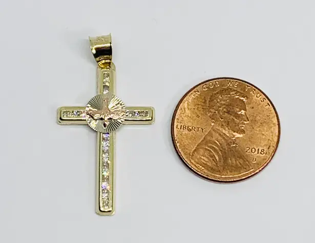 Real 10k Solid gold cross pendant Holy Spirit dove Crucifix charm yellow and rose Gold White Cubic Zirconia Rose Gold Descending Dove 1” Small box included Checkout my other jewelry New Dije de crucifico con el Espíritu Santo 10k de Oro