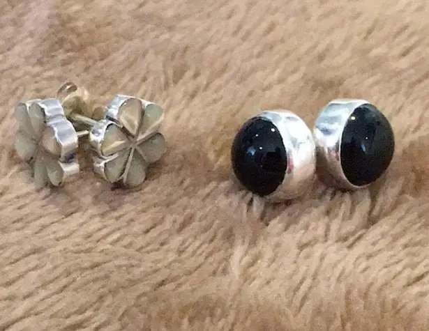 Sterling Silver Stud Bundle - Onyx Cabochon & Mother of Pearl Floral Inlay