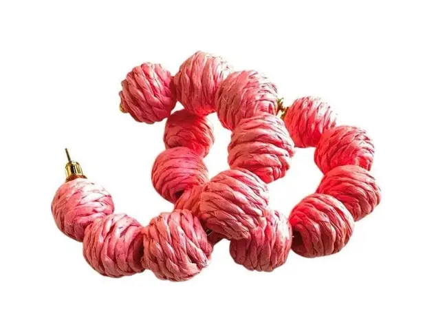 Boho Raffia Pink Open Hoop Earrings