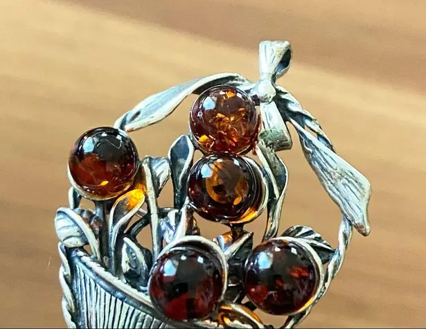 Vintage Sterling Silver Amber Miniature Fruit Basket Pin Brooch Pendant Brown