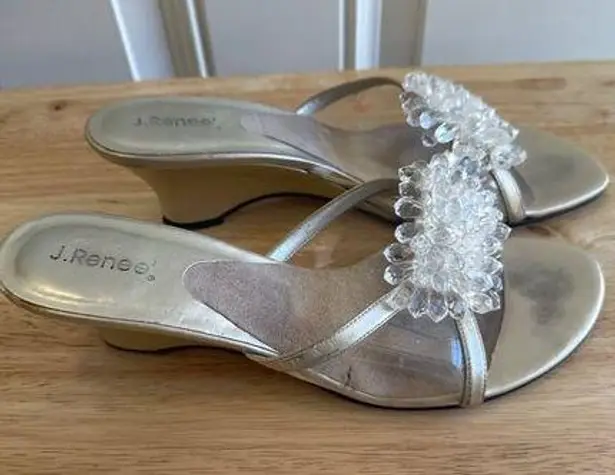 J. Renee Women's Gold & Clear Beaded Slide Wedge Sandals Size 10M Sku 2982