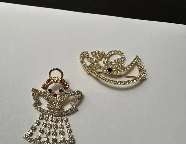 Lot Of 2 Prong Set Rhinestone Christmas Holiday Angels Brooch Pin Gold Tone