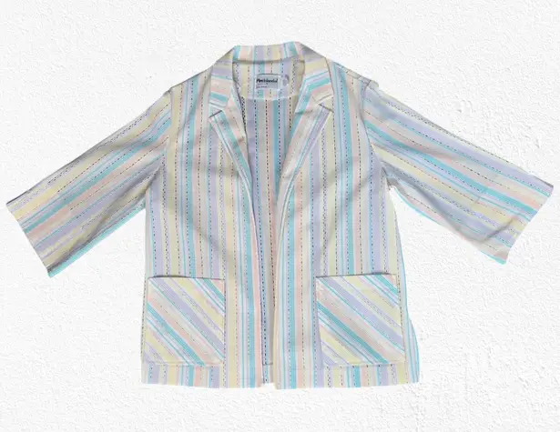 1970s Vintage Pastel Striped Blazer Jacket Polyester Openwork USA Made Size 12 White