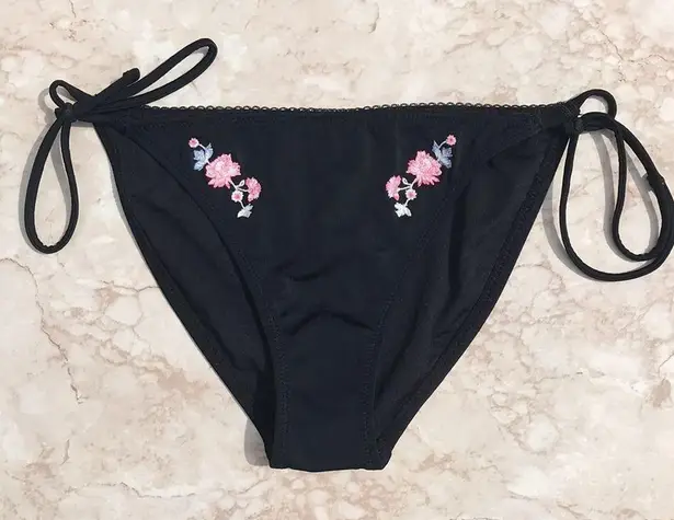 Topshop Black and Pink  Floral Embroidered String Bikini Bottoms