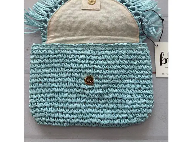 BTB Los Angeles Riley Fringe Straw Clutch Bag Blue
