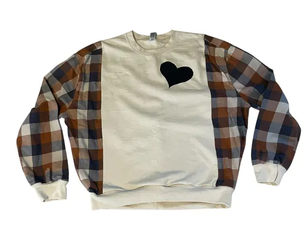 Handmade Unique One of a Kind Flannel Sleeve Love Your Neighbor Cream Sweatshirt M L