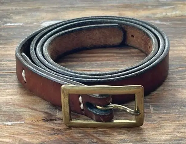 Vintage Leather Belt Gold Brass Buckle Cognac Western Style Brown