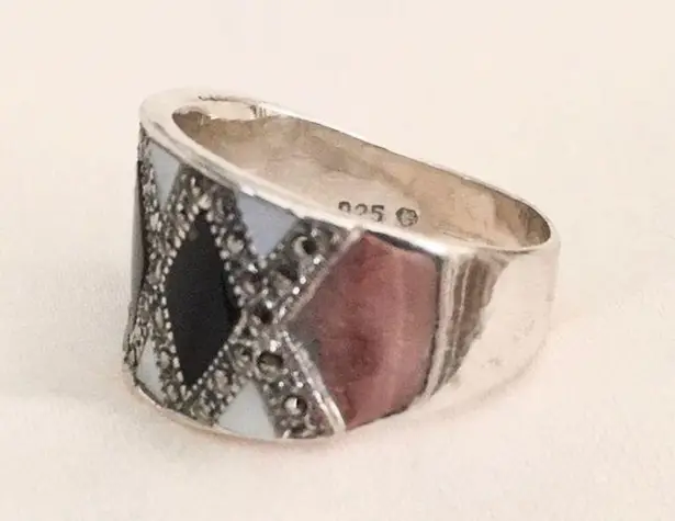 Onyx VTG Mother of Pearl Mosaic Inlay Sterling Silver Harlequin Ring Sz 9-1/4