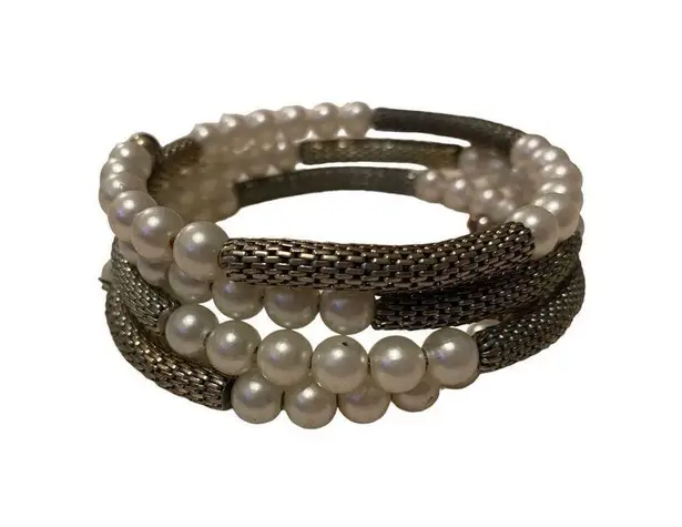 Vintage Bracelet Gold Tone White Faux Pearl Beads Wrap Cuff