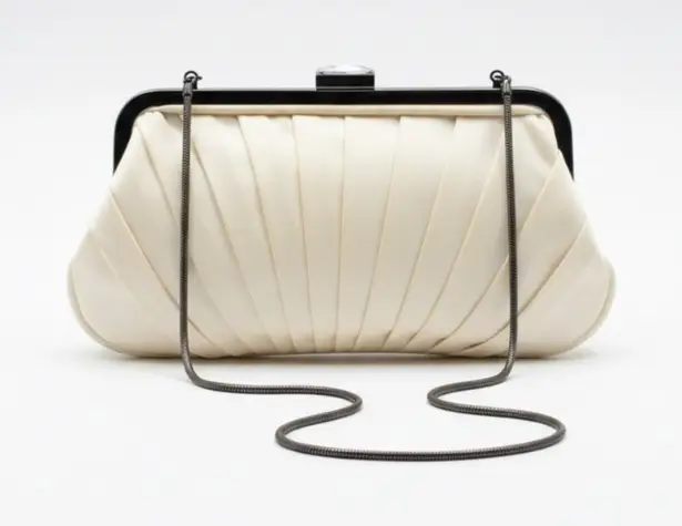 Kate Landry Vintage Pleated Satin Clutch Silver Chain Strap & Rhinestone Clasp