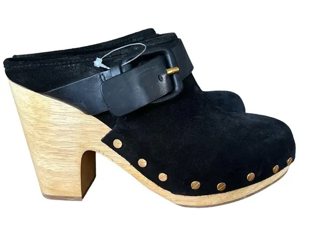 Veronica Beard Black Dacey Suede Heeled Clogs Size 7 Leather Boho Mules