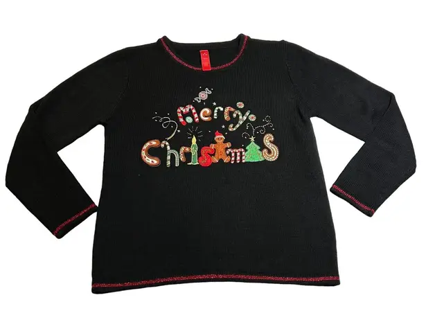 Women's Merry Christmas Crewneck Pullover Knit Sweater Size Medium Holidays Black