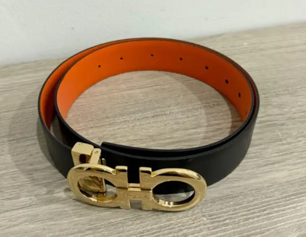 Ferragamo Salvatore Orange/Black Leather Gancini Buckle Reversible Belt 34''