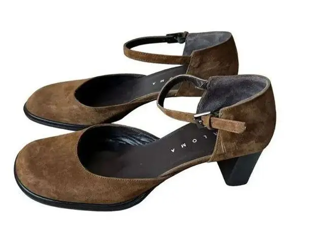 Paloma Round Square Suede Toe Chunky Heels Mary Jane Shoes feature leather 7.5 Brown