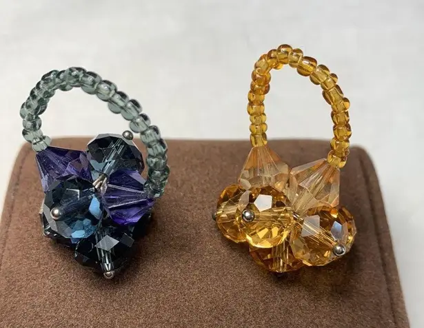 Set of Two Handmade Crystal Beaded Rings One in Amber One in Gray / Blue / Black