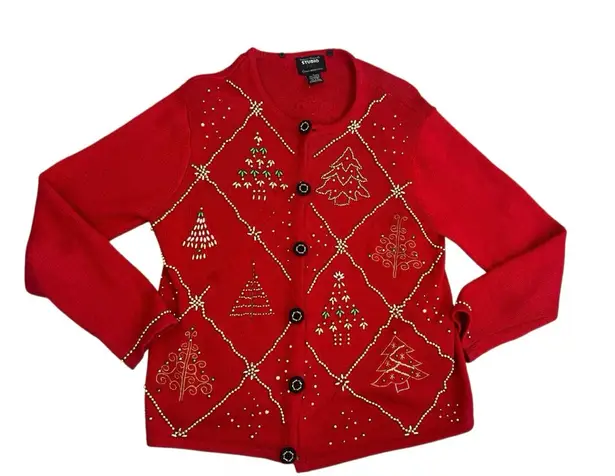 Christmas Red Cardigan with Festive Patterns Size M