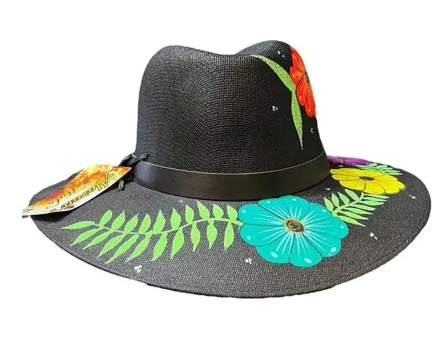 HAT MEXICAN Artisanal Hand Painted Fedora Floral Sombrero Panama Bohemian Black
