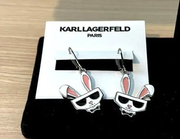 Karl Lagerfeld White , Pink and Silver Choupette Bunny Drop Earrings NWT