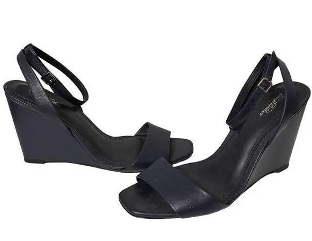 Brooks Brothers Leather Ankle-Strap Open-Toe Wedges Navy Blue Size 8.5