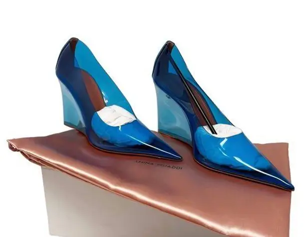 Amina Muaddi NEW Ane Pointed Toe PVC Glass Patent Wedges Heels Blue US 7.5