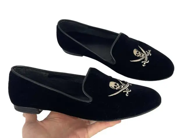 Jon Josef Black Velvet Gatsby Embroidered Skull Flat Loafers Shoes Size 7.5
