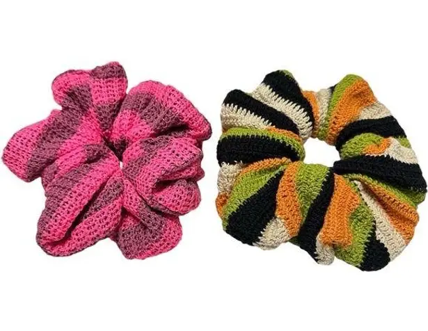 Free People NEW  Crochet Knit Multicolor Set of 2 Oversized Jumbo Scrunchies