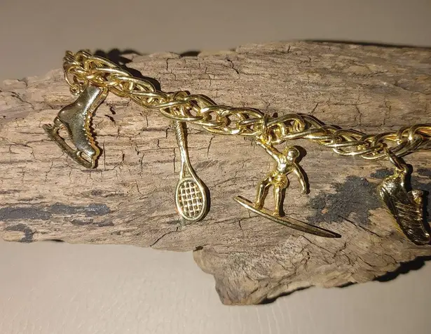 Charm Bracelet Vintage Gold Plated Sports Surfboard Tennis Racket Ice Skate Ski