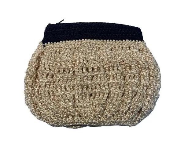 Unbranded Handmade Crochet Knit Coin Pouch Beige Black Zip Mini Cream