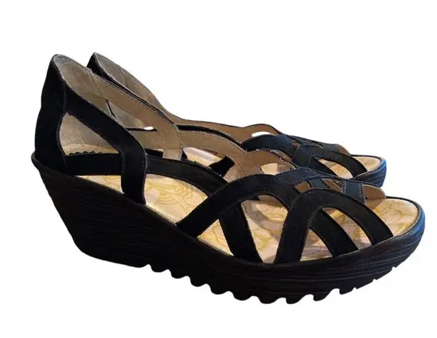 Fly London Yadi Black Leather Nubuck Suede Slip Strappy Wedge Sandals 41 10-10.5