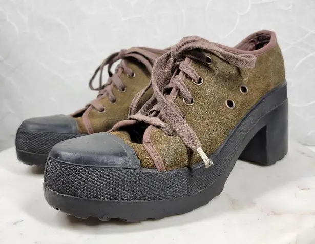 No Parking Oxford Heels Womens 8.5 Green Suede Lace up Utility Chunky Platform