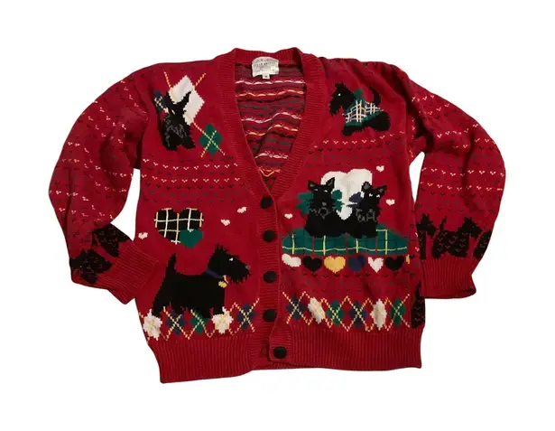 Susan Bristol Red Scottish Terrier Dog Fair Isle Knit Cardigan Sweater Womens S