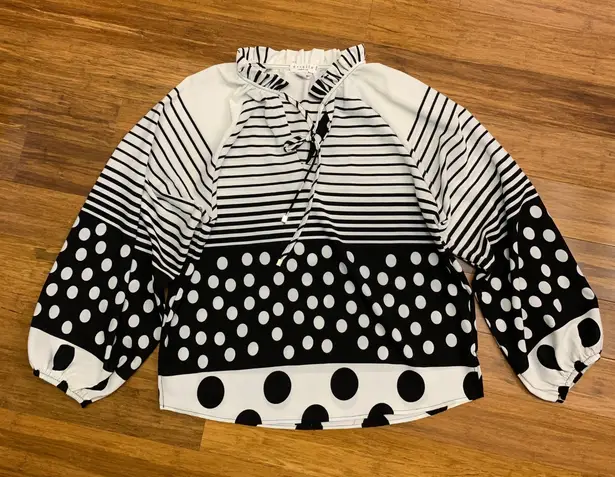 Ariella Black White Striped Polka Dot Blouse Womens Size Medium Tie Neck Top