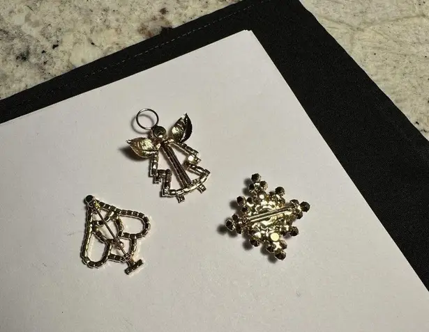 Lot Of 3 Prong Set Rhinestone Holiday Brooch Pins Christmas Tree & An Angel