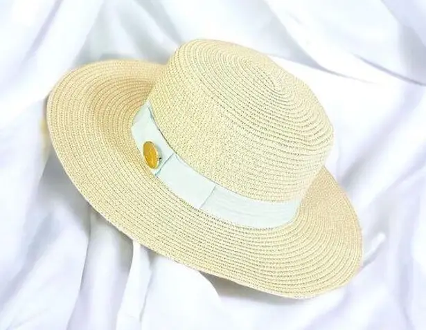 Woven Boater Hat with Baby Blue Grosgrain Ribbon