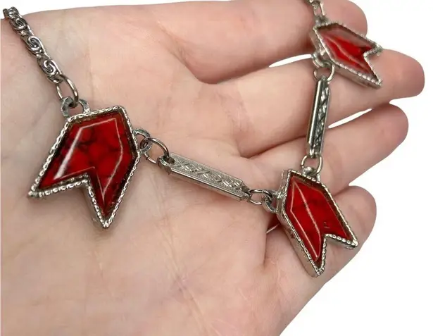 Red Faux Turquoise Triple Arrow Snail Chain Boho Tribal Necklace