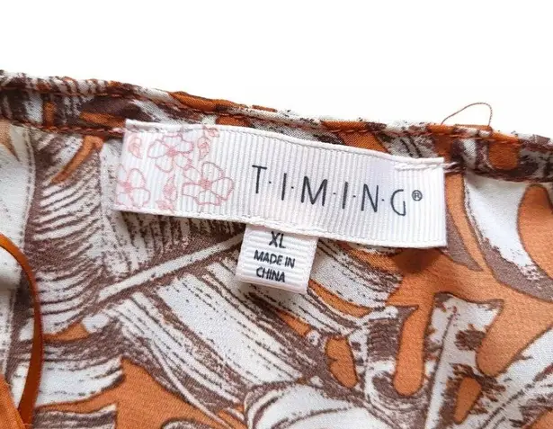 Timing  Blouse Womens XL Orange Plant Print Wide Arm Waist Tie Lace Top Boho