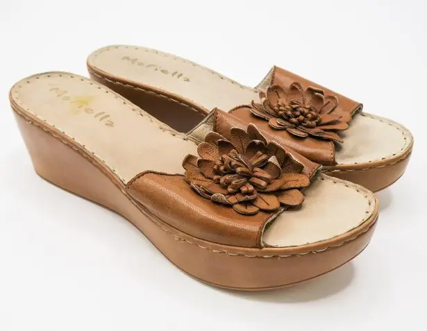 Vintage 90s Mariella Brown Leather Flower Wedge Sandals Size 9