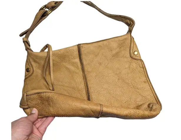 Lucky Brand  Yellow Beige Heavy Leather Top Zip Minimalist Boho Shoulder Bag