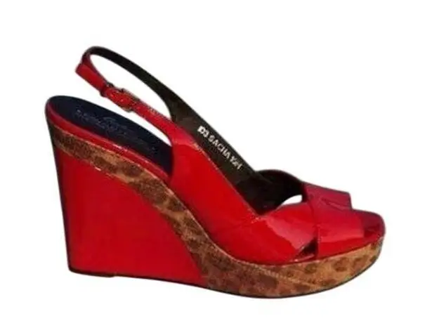 Donald Pliner Red Patent Leather Wedge Shoe New Brown Congo Raffia $275 NWT Size 9