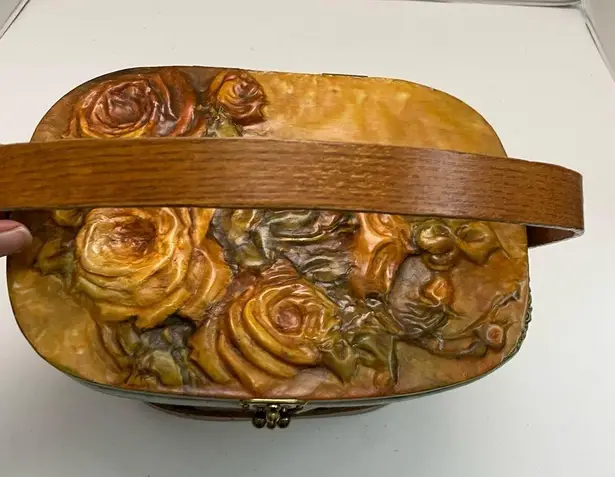 Vintage Basket Purse Molded Floral Velour Wood Lined Picnic Style Green Yellow