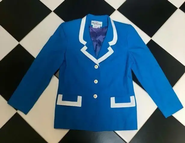 Oleg Cassini Vintage 80s Blazer Jacket Bright Lapis White Trim Gold Lion Buttons - Image 1