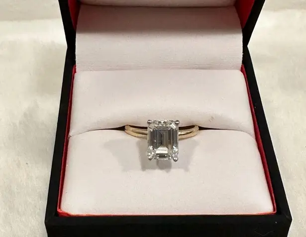 Emerald cut engagement ring! 2.5 karat gold band solitaire ring! Forever 1!