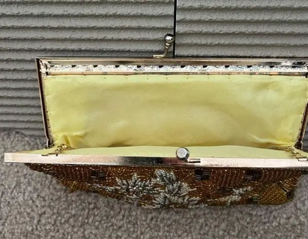 Vintage Micro Beading Petit Point Floral Purse Handbag Clutch Gold