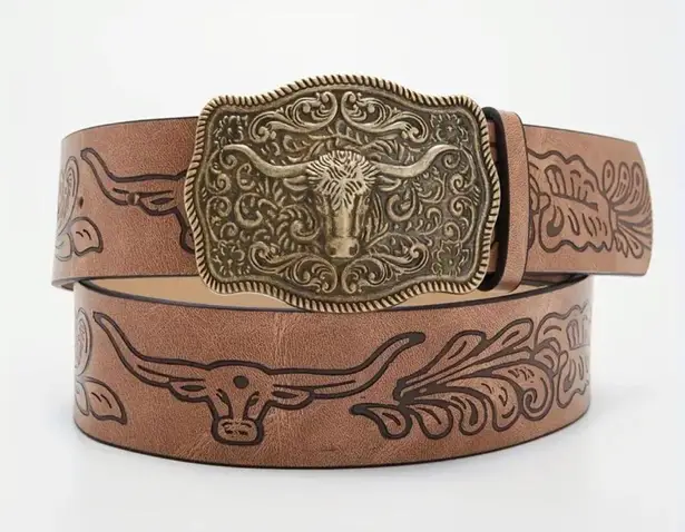 Western Bull Head Buckle Unisex‎ Belt Vintage Embossed Brown PU Leather Belt Size M